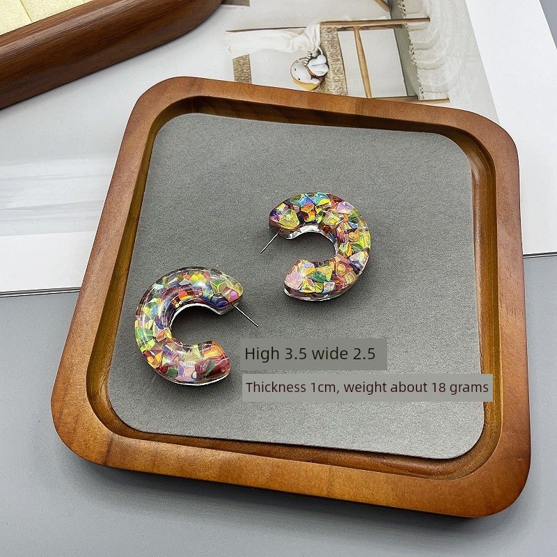 

European and American Style Original Single-Piece Colorful Glass Inlaid Bright Brick C-Shaped Earrings Color