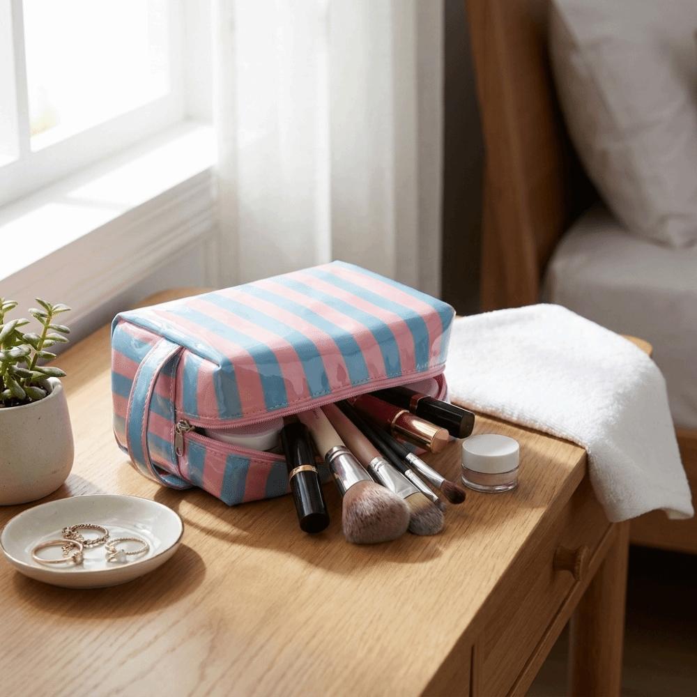 Waterproof Striped Toiletry Bag Large Capacity Pink Travel Cosmetic Storage Bag Simple Portable PVC Makeup Organizer Beach