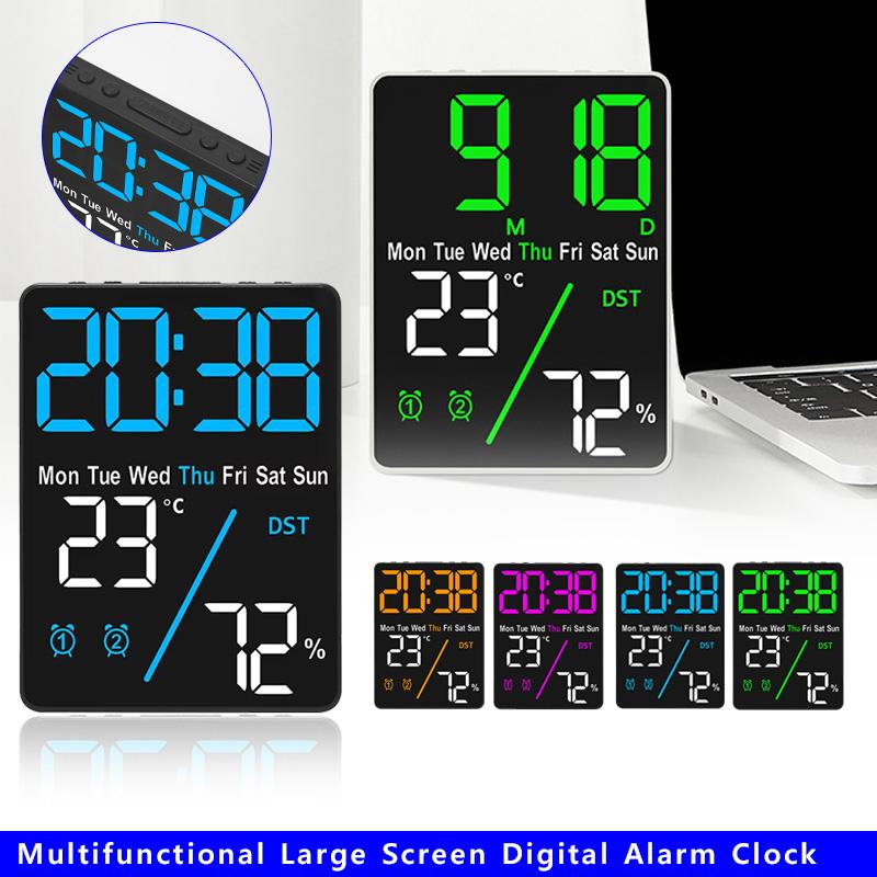 Multifunctional Large Screen Digital Alarm Clock Humidity Display Brightness Adjustment Charging Desktop Clock Home Office Decor
