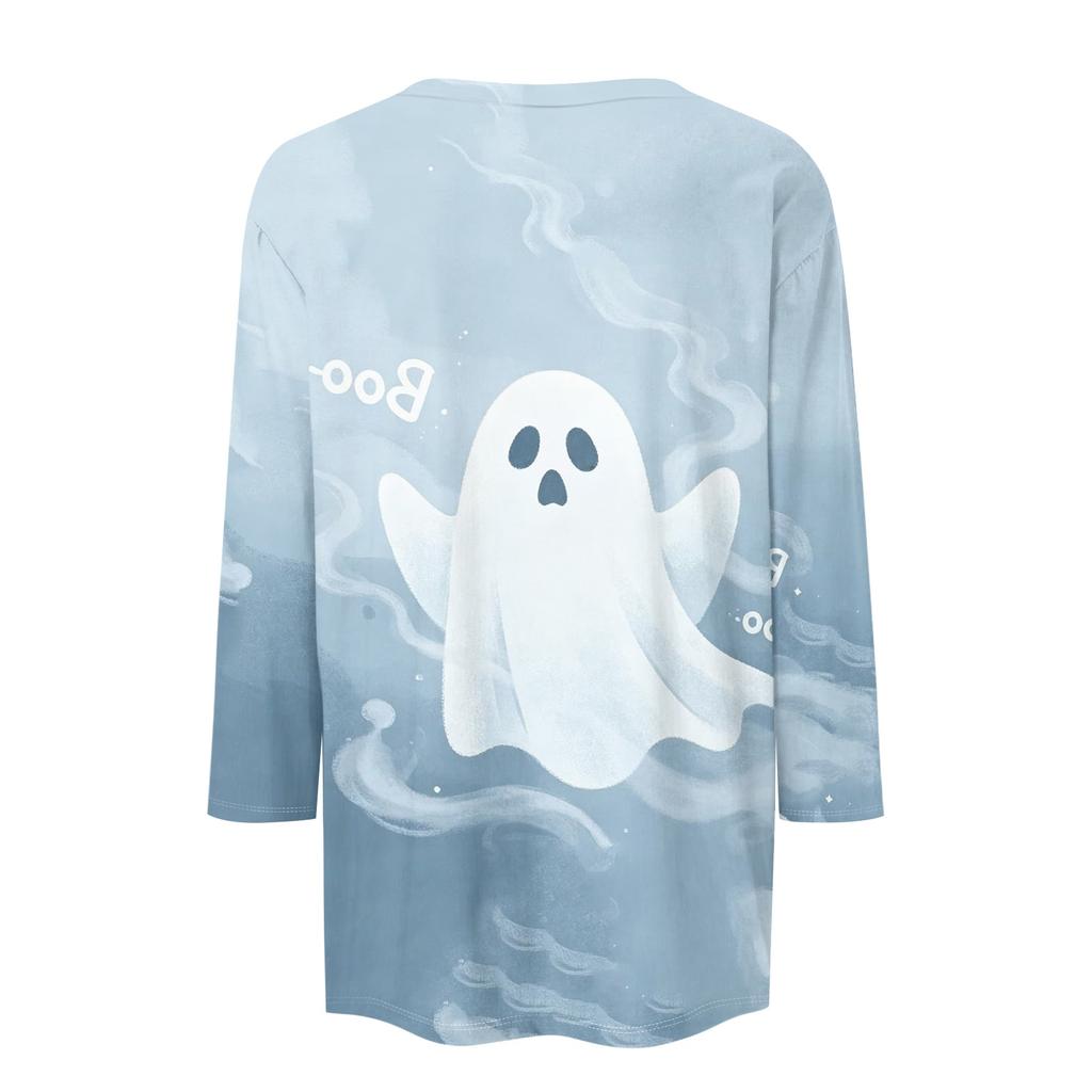 Women's Casual 3/4 Sleeve Halloween Print Round Neck Top Lightweight Loose Fit Pullover Shirt for Everyday Wear