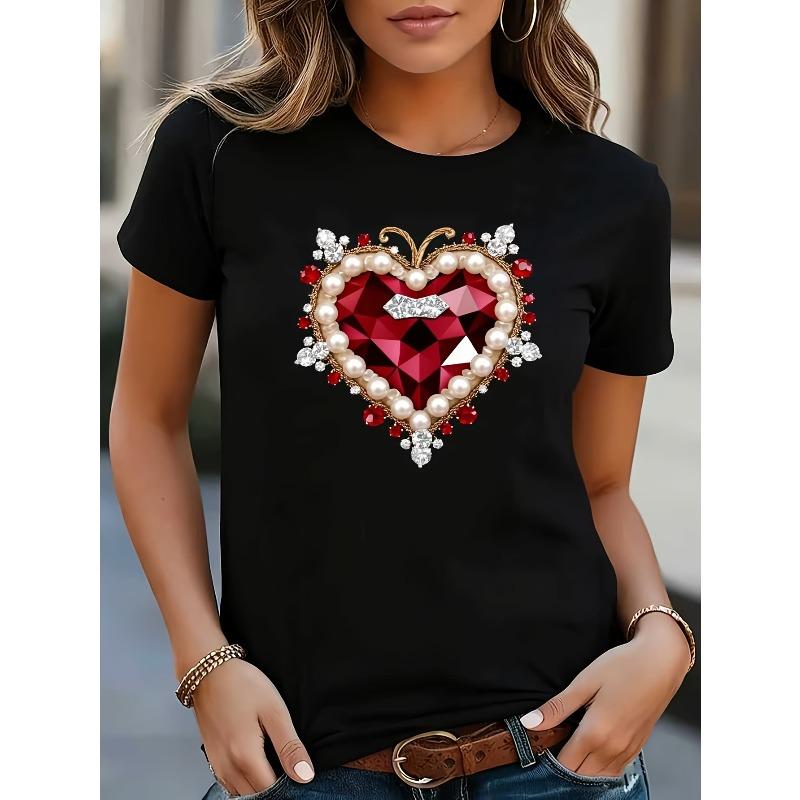 

European Size Women S Valentine S Day T-Shirt, Ruby Heart Print Round Neck Casual Short Sleeve T-Shirt 4XL чорний