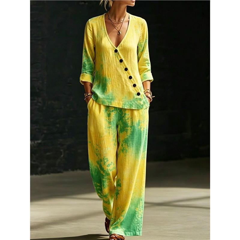 European and American Summer New Blue and White Tie-dye Gradual Change Diagonal Shirt Wide-leg Pants Two-piece Set Women's Casual Long-sleeved Suit