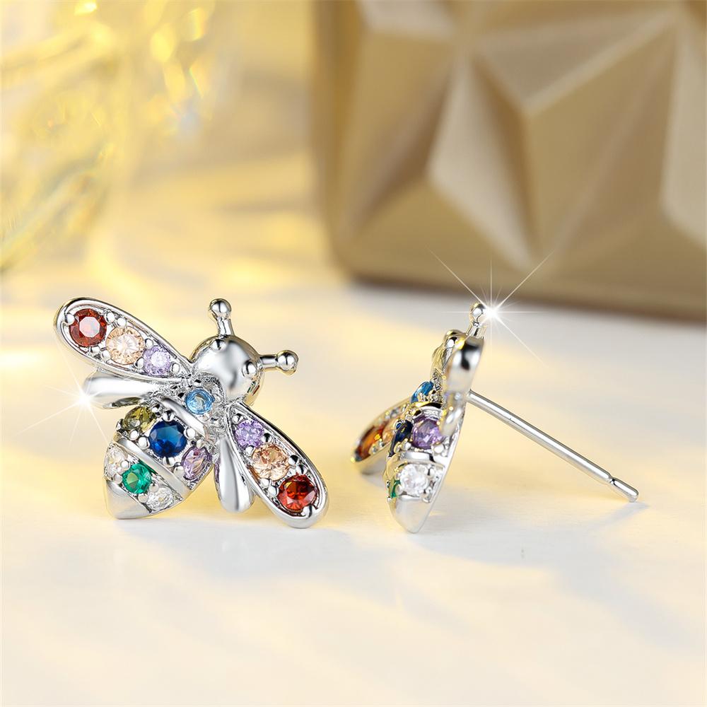 Rainbow Crystal Zircon Cute Small Bee Animal Stud Earrings For Women Vintage Silver Color Wedding Earring Valentine Jewelry Gift
