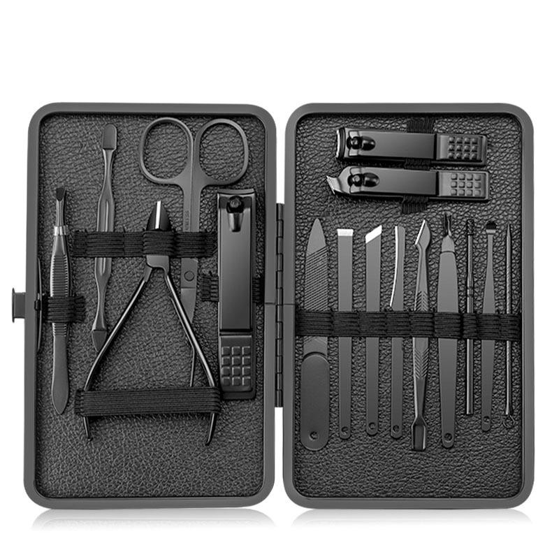 Black Stainless Steel Nail Clipper Set with Dead Skin Nippers, Pedicure Knife, and Blackhead Needle.