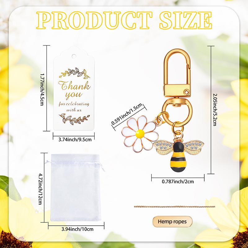 10 Set Bee Flower Keychain Party Favors Set Keyring With Kraft Tags Organza Bag For Guests Souvenir Baby Shower Wedding