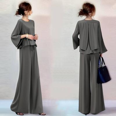 Spring  Women's Casual Suit Round Neck Flared Long-sleeved Top Flared Pants Two-piece Suit