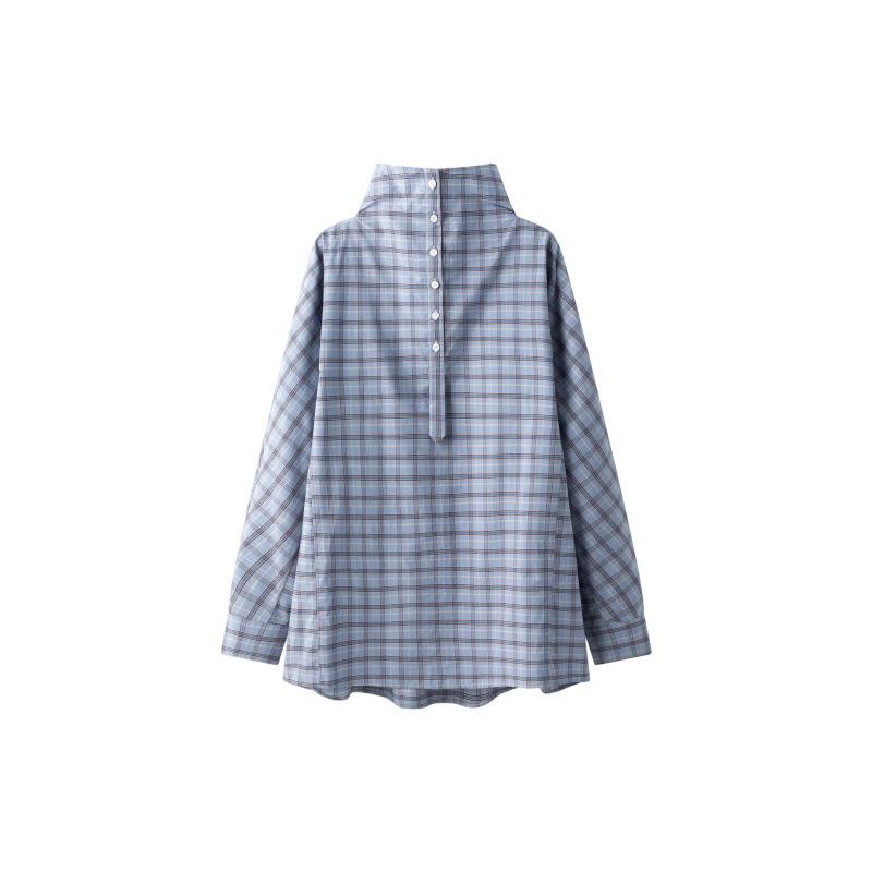 Longmei Women s High Neck Plaid Cotton Shirt - Early Spring 2026 Style, Simple Long Sleeve Top Medium