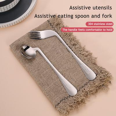 Stainless Steel Elbow Spoon Elderly Self-Feeding Curved Fork Angled Spoon Disabled Adults Patient Feeding Tableware Adaptive Utensils