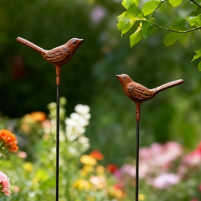 Bird Garden Stakes Set of 2 Iron Soil Insert Pieces for Pots, Flower Rows and Lawn Edges with Aged Brown Yard Form for Home Use Daily