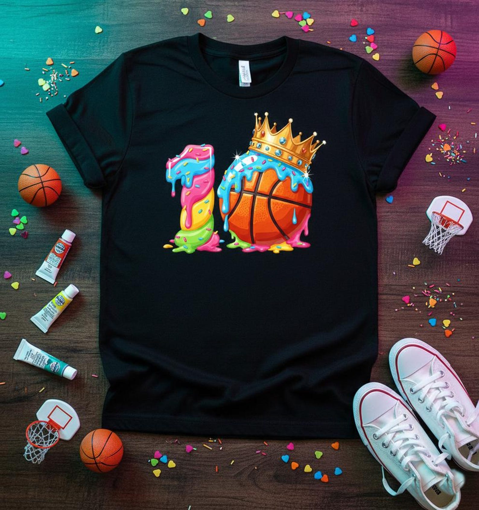 10th Birthday Basketball Ice Cream T-Shirt, Boys Party Tee M