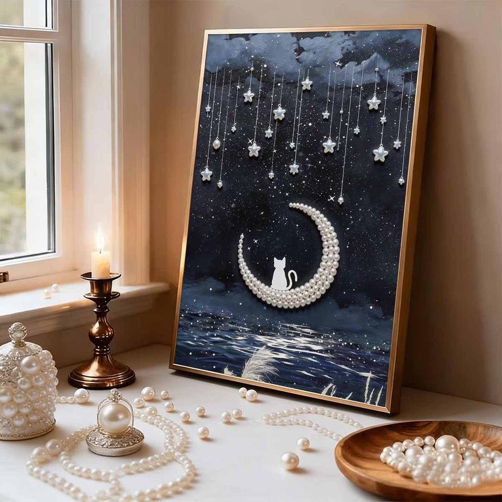 Pearl DIY Moon and Cat Art Kits 15.7x19.6inch Gem Art Pearl Painting Kits Without Frame for Adults Gift Idea Home Wall Decor