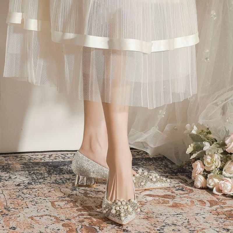 2025 Spring Sparkling Pearl Stickers High Heels Wedding Shoes Banquet Dress 4cm Thick Heels Women's Pumps