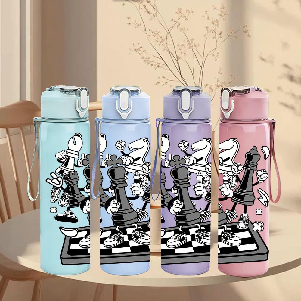 1PC Chess Pieces Table Sketch Layout 750ml Color Plastic Water Bottle Leakproof Flip Straw Lid For Sports Office Home Use