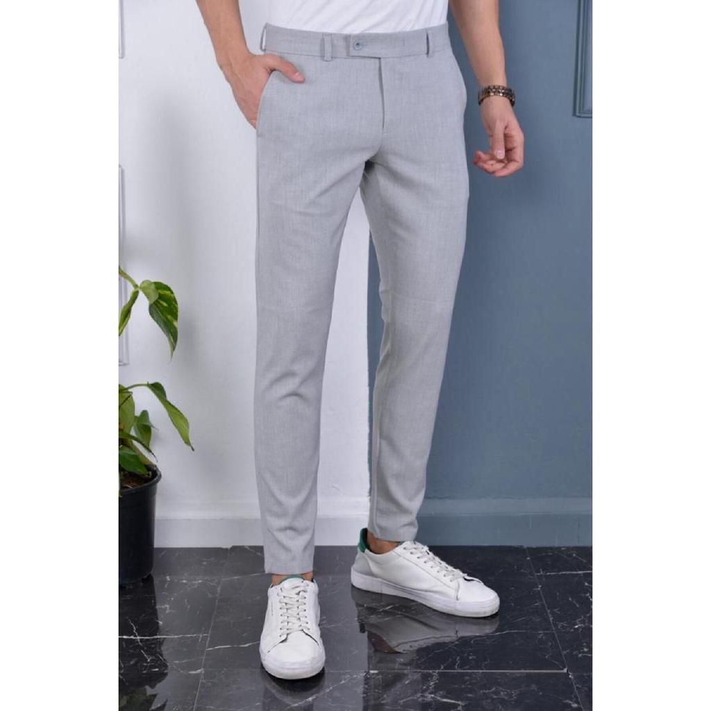 Men's Cream Color Italian Cut Quality Flexible Lycra Ankle Length Fabric Trousers