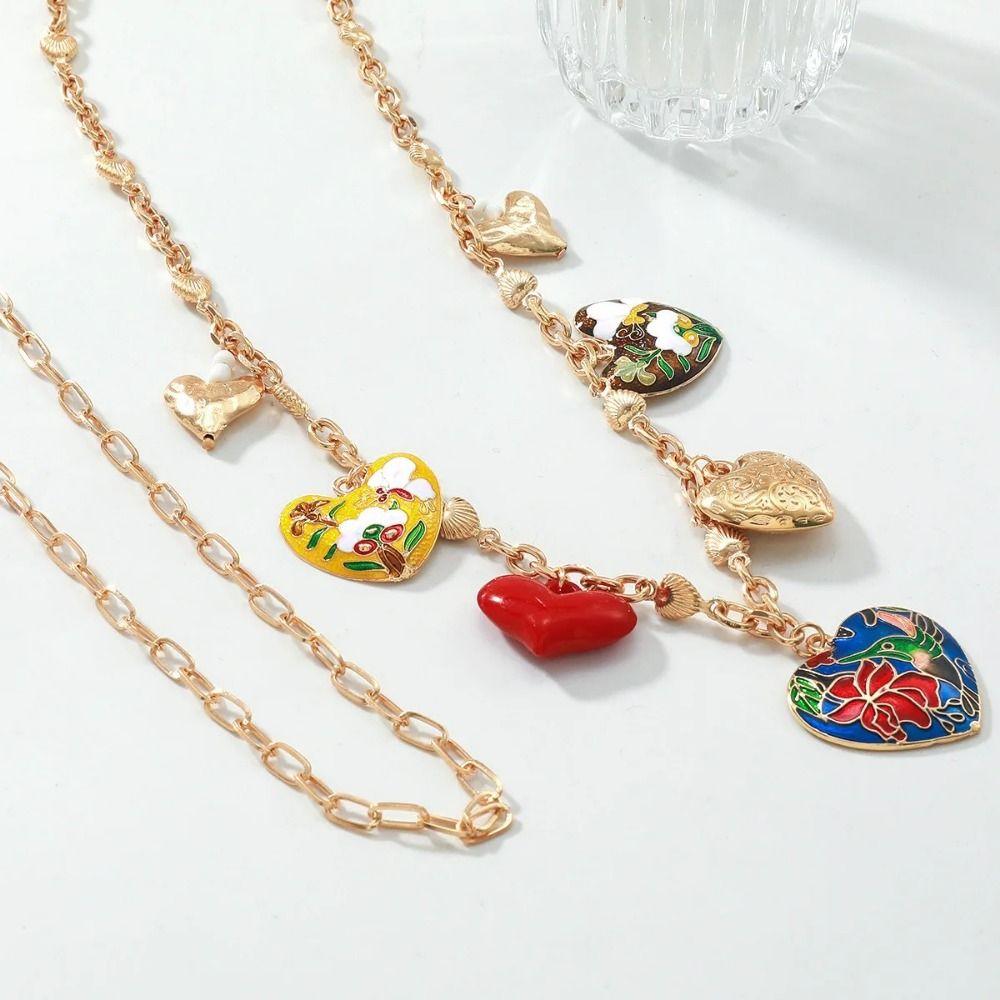 Dripping Oil Double Layer Necklace Flower Clavicle Chain Trendy Big Heart Pendant Necklace  Party