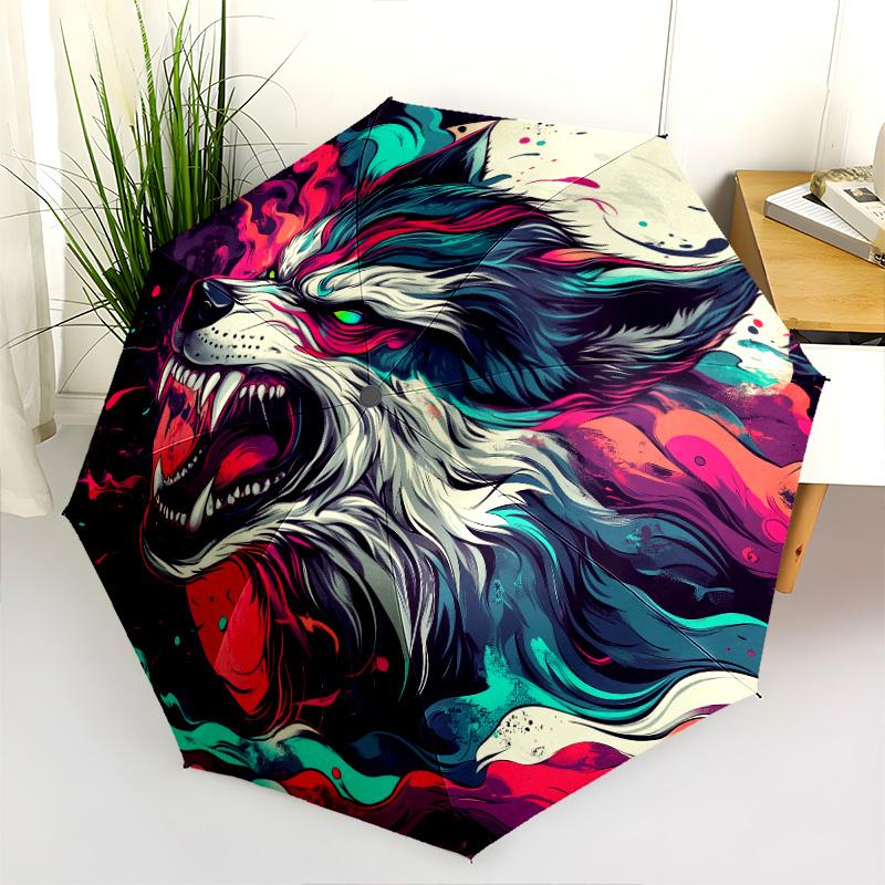 Roaring Wolf  Pattern, Automatic Folding Umbrella, Portable and Foldable Design, 8 Ribs, a Christmas or Birthday Gift.