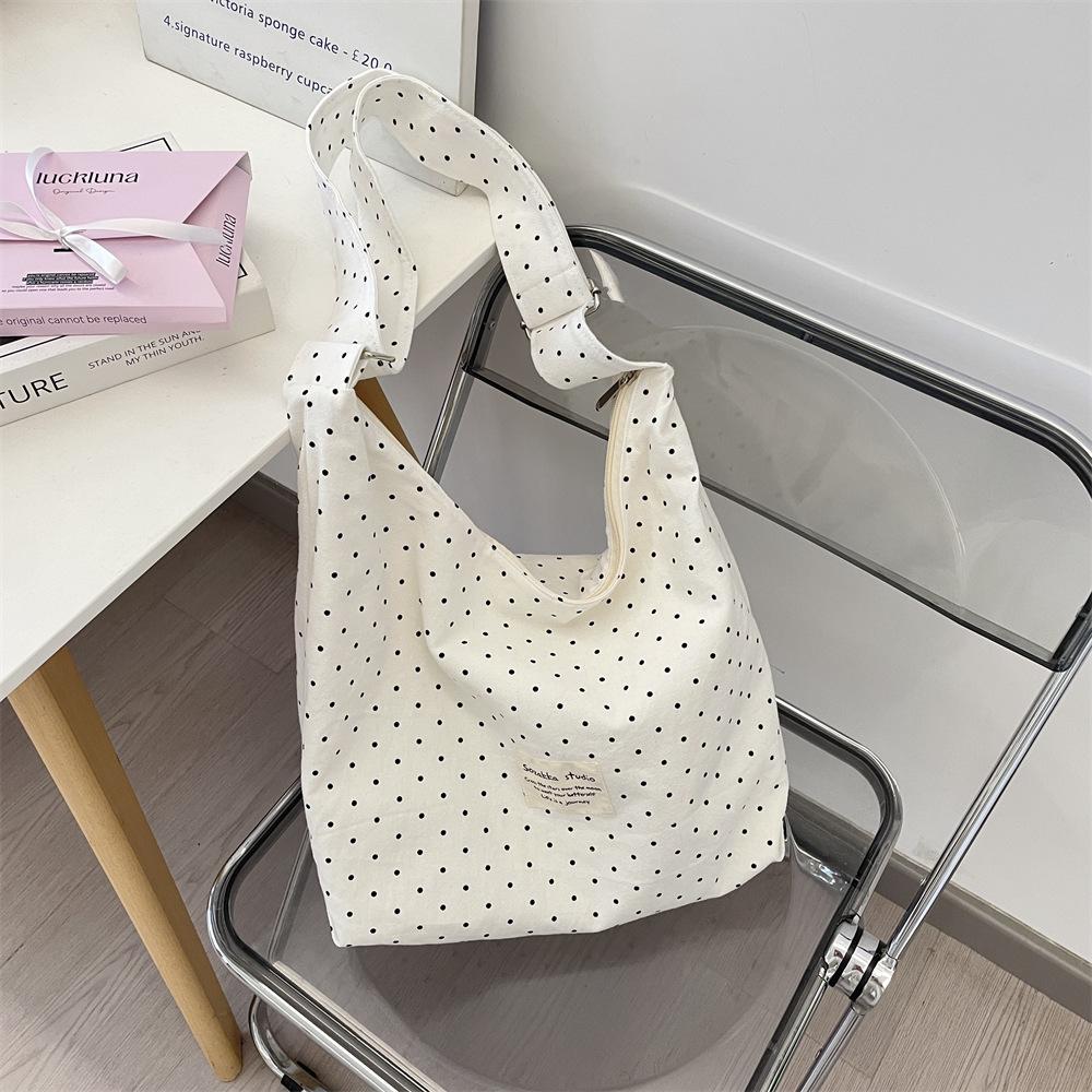 91 Sweet pink star printed polka dot shoulder canvas bag large capacity tote bag commuter fabric messenger bag