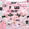 Halloween 4th Birthday Party Decoration for Girl Four Ever Spooky Birthday Backdrop Pink Four Ever Spooky Cake Cupcake Toppers Banner Number 4 Foil