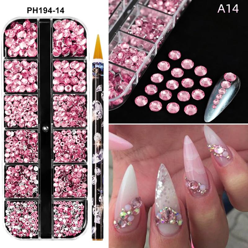 

12 Grids Circular Flat Bottom Nail Rhinestone AB With Drill Pen Sparkling Colorful Jewelry Nail Charm DIY