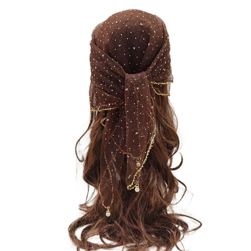 Versatile Pearl Tassel Rhinestone Square Scarf Lace Trim Hair Wrap Full Sky Star Headwrap Solid Color Breathable Fabric Scarf