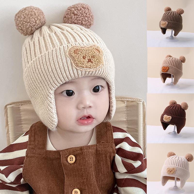 Bear Ear Knit Wool Hat for Baby Cute Cartoon Infant Ear Protection Cap Winter Warm Kids Boy Girl Earflap Beanies