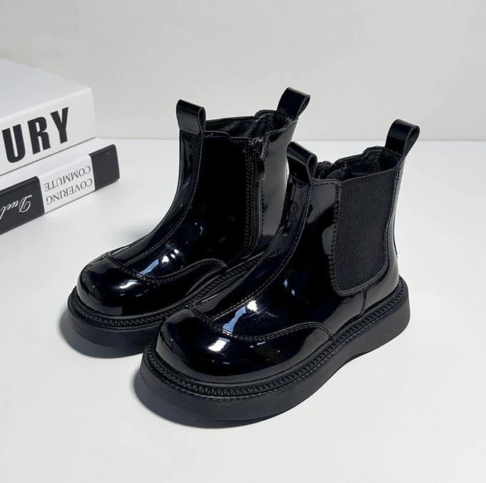 Kids  Ankle Boots for Boys Girls Unisex Glossy PU Leather Rubber Boots Classic Chelsea Boots  Autumn Winter 26 чёрный