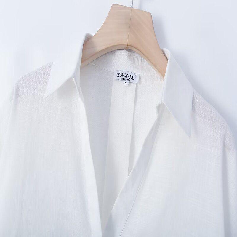 Fashion Style 2024 Autumn New Women's White Loose Sleeves Pure Linen Long Sleeves Shirt 8392707