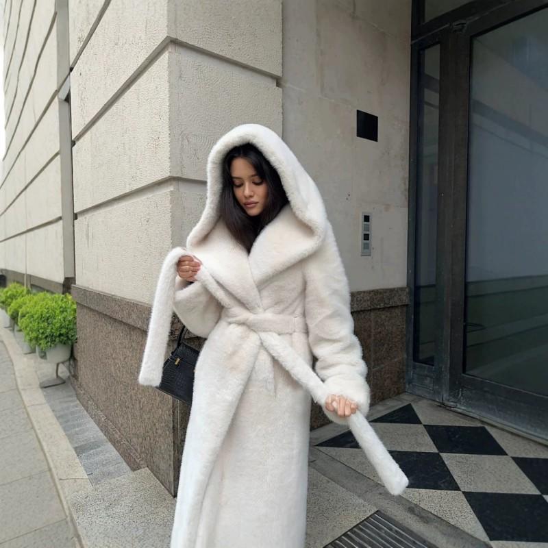 Womens Long Faux Fur Coat With Hood Waist Tie Oversized Winter Outerwear In Beige Black Coffee