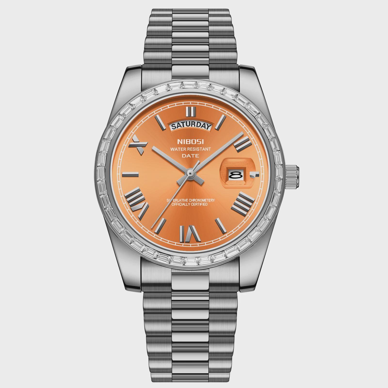 

NIBOSI Fashion Men Watches Top Brand Luxury Wristwatch Day Date Miyota Quartz Watch Men Waterproof Clock срібний/помаранчевий