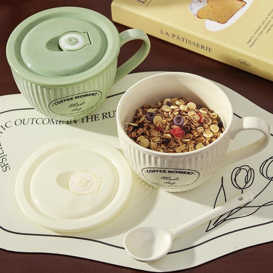 Keramik 700ml Schüssel/Tasse mit großem Fassungsvermögen mit Deckel und Löffel, mit Vintage-Textur; geeignet für Suppe, Kaffee oder Instantnudeln.