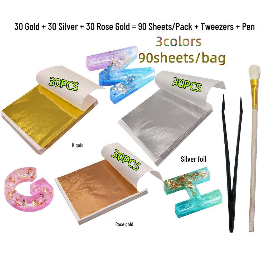 Taiwan Three-Color Imitation Gold Leaf: DIY Colored Foil Epoxy K Gold, Silver, Rose Gold Sheets (90-150/Pack)