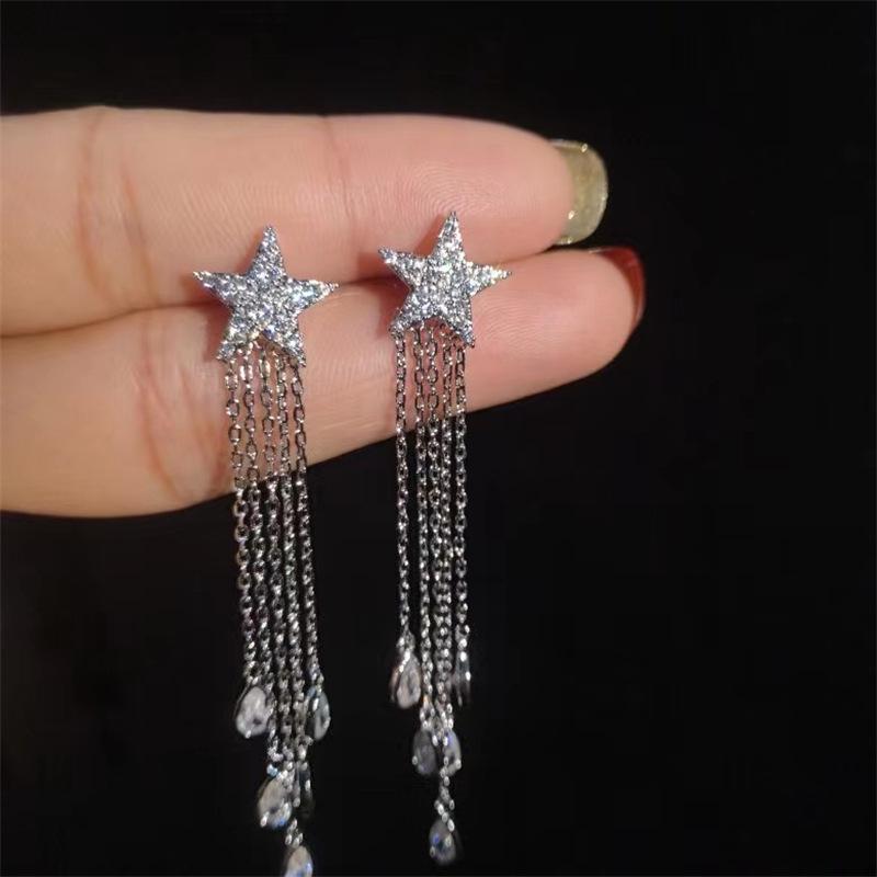 Stylish Five-Pointed Star Tassel Earrings with Micro-Set Zirconia