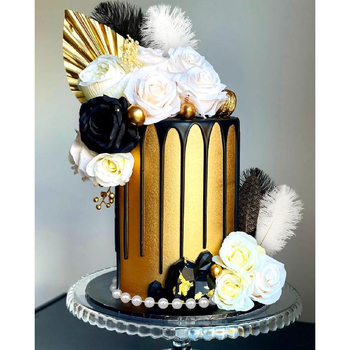 JeVenis Feather Cake Decoration Set - 13 Pieces - Black, White & Gold - Gatsby, 1920s, Formal Event