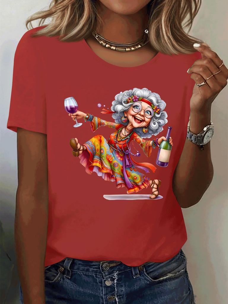 Elegant Granny Graphic Print Women's Summer Casual Short Sleeved T-Shirt Cute Playful Round Neck Tees Top Casual Woman Clothes