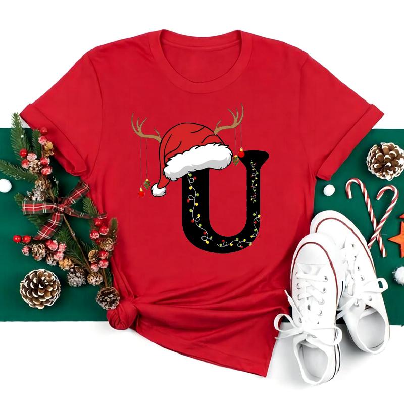 New 26 AZ Christmas Alphabet T Shirt Women Casual Fashion Tshirt Short Sleeve Christmas Party Aesthetics fashion Clothing