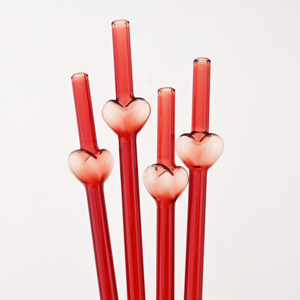 4pcs Red Creative Gldss Straw Milk Tea Juice Cocktail Straw with Brush High Borosilicate Glass Straw Set Kitchen Bar Accessories