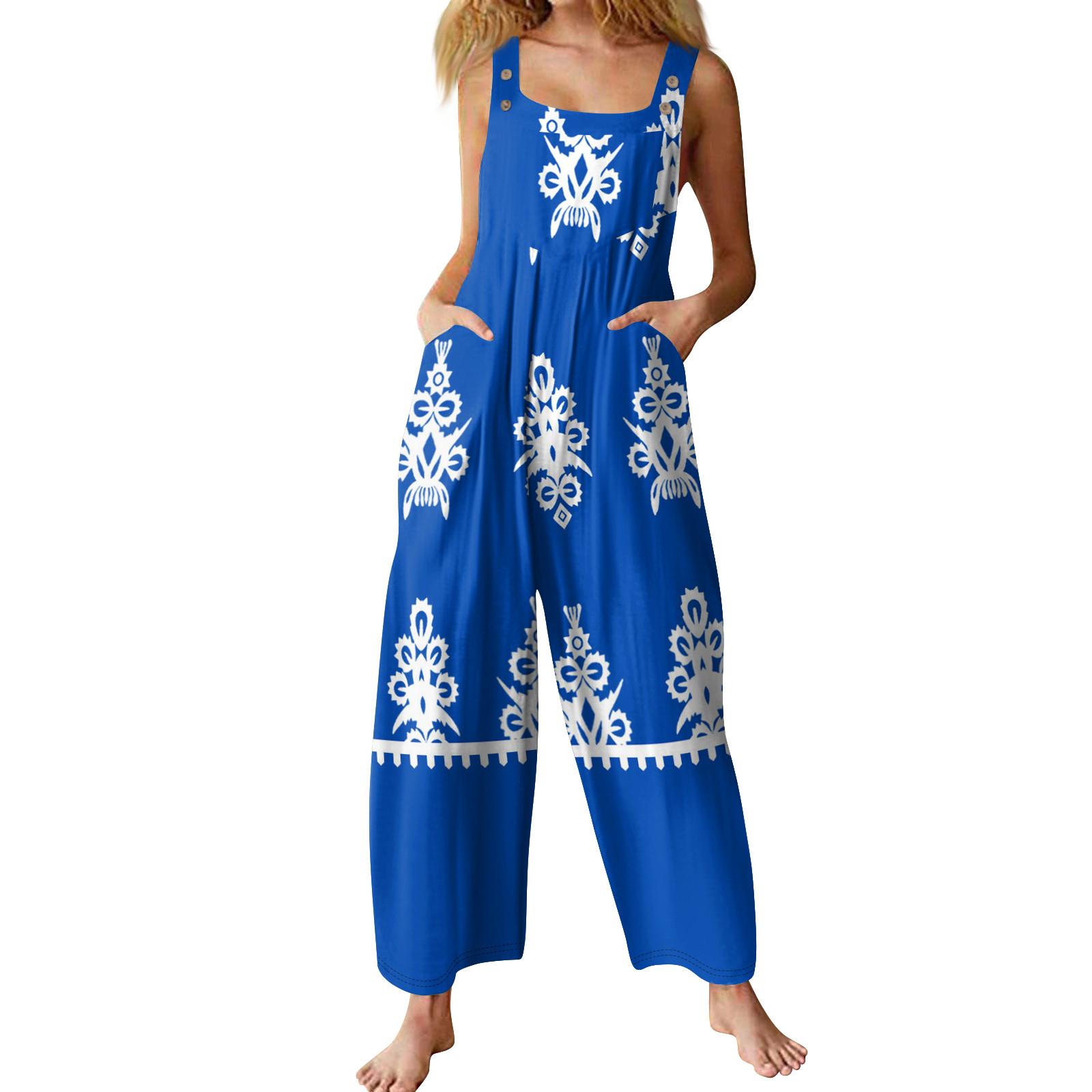 

Женский повседневный комбинезон без рукавов с популярным цветочным принтом XXL синий