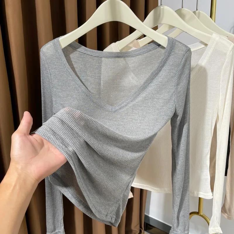 Large V-neck Thin Knitted T-shirt for Women Summer New Style See-through Threaded Style Bottoming Shirt Top