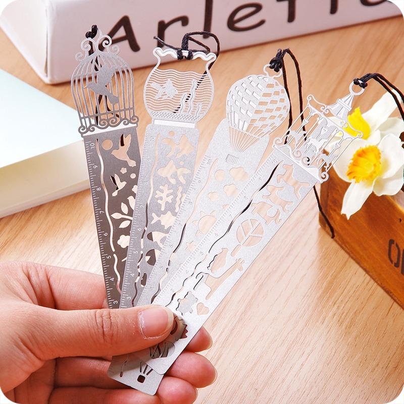 4PCS Multifunctional Creative Retro Hollow Metal Ruler Drawing Bookmarks School Line Template Patchwork Spirograph