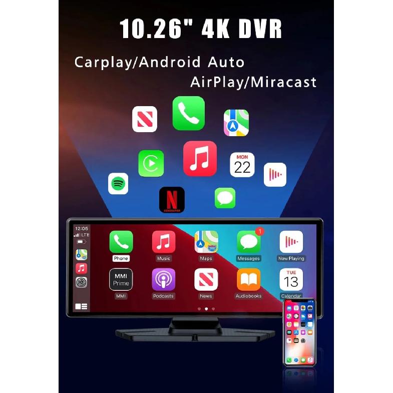 DVR de Coche de 10.26 Pulgadas 4K 3840*2160P Carplay Android-Auto Cámara de Salpicadero Cabina GPS 5G WIFI FM BT Cámara de Doble Lente Dashcam Grabación de Conducción
