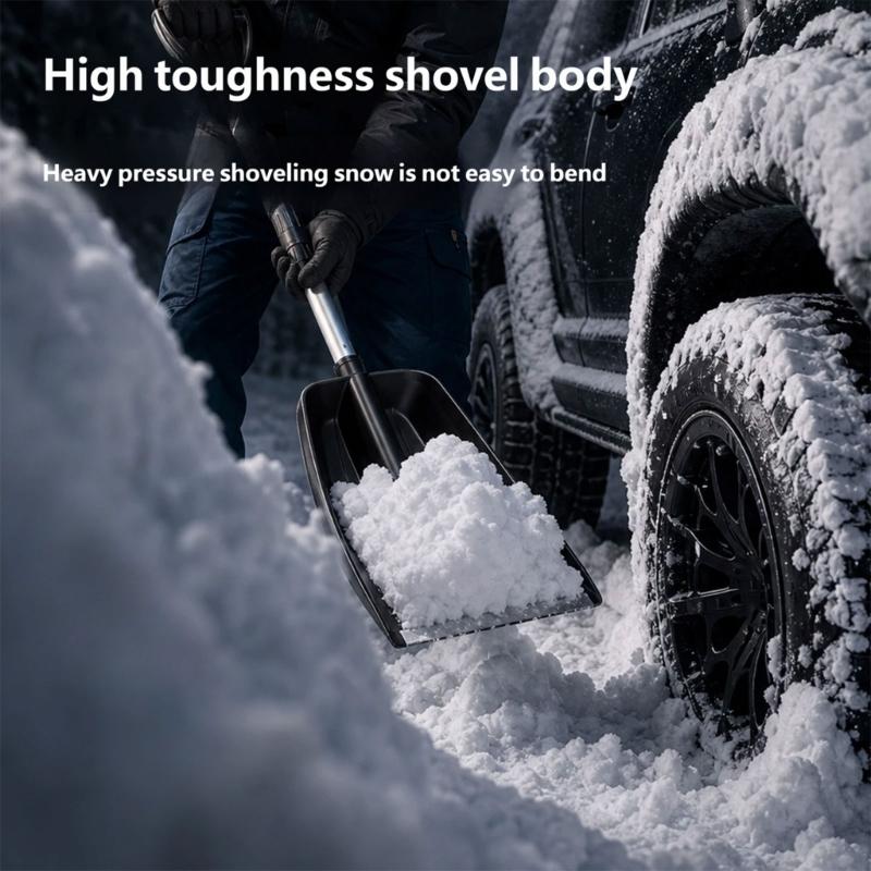 Vehicle Snow Shovel with Curved Shovel Head and Reinforcing Ribs, 3-in-1 Telescoping Tool for Snow Clearing, Ice Scraping, and In-Car Storage