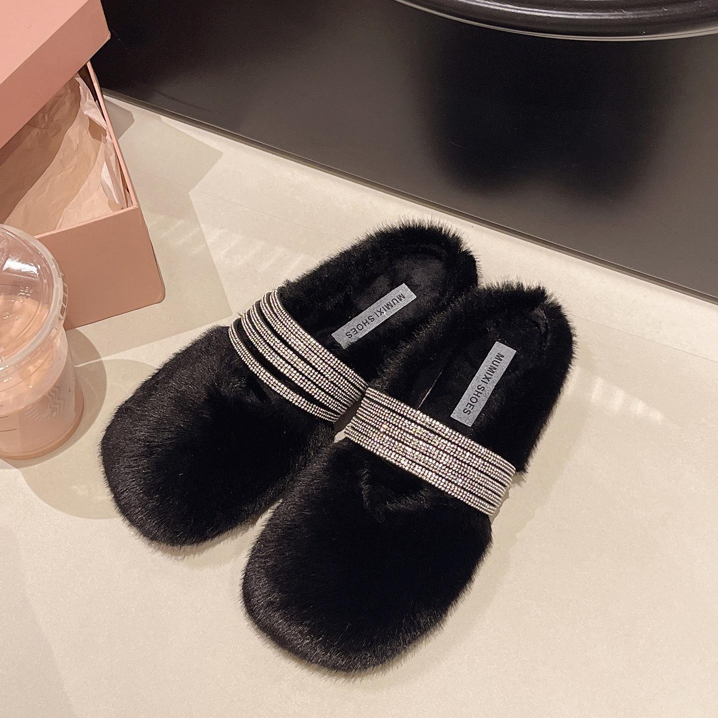 

[Fanfuna] Rhinestone fluffy half-slippers women s autumn and winter outer wear advanced velvet 2025 new cotton slippers 40 чорний