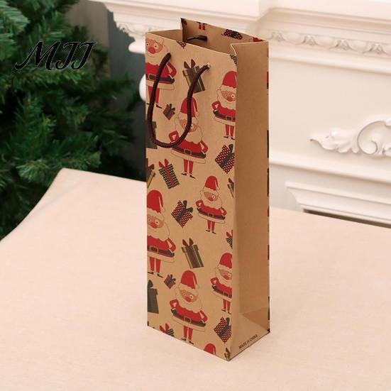 Festive Paper Wine Bottle Bags Christmas Gift Bag, Reusable Bag with Handle, Santa Tree Party Packaging Wreath Print for Favors And Seasonal Presents
