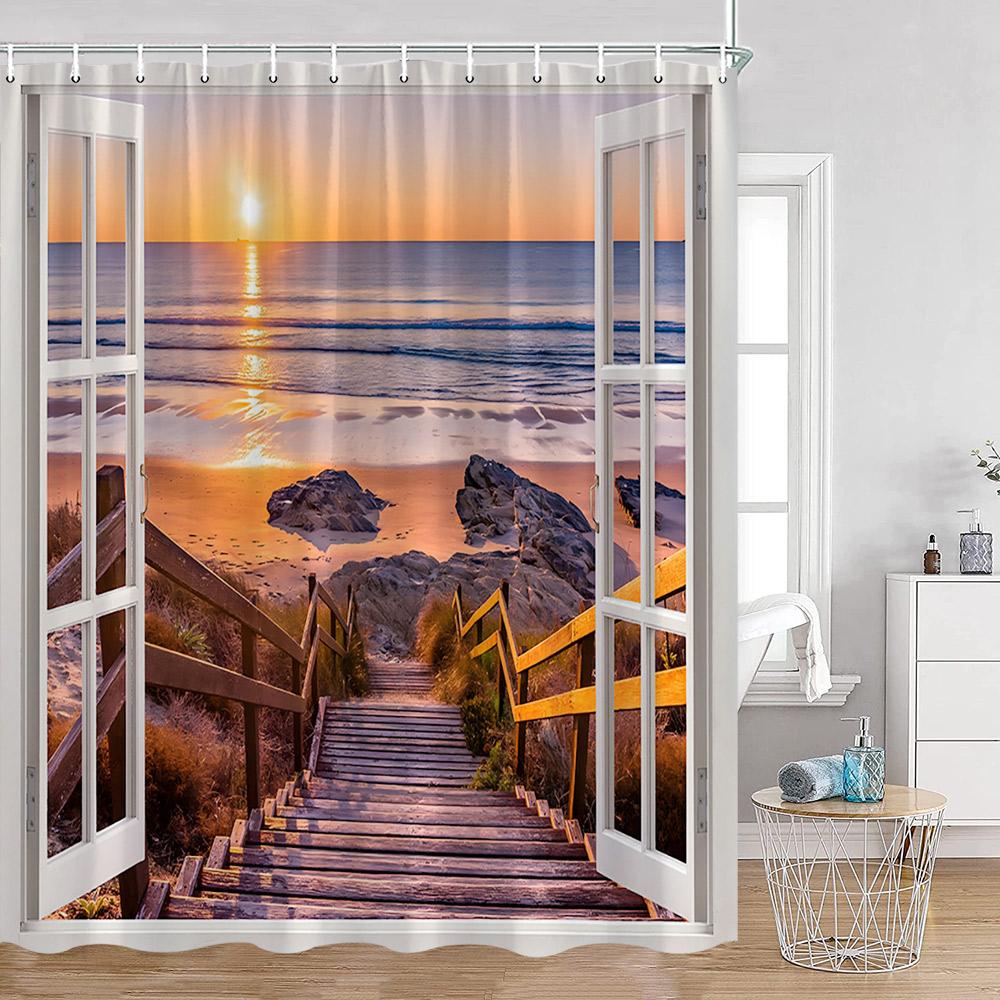 Coastal Shower Curtain Open Window View Of The Sky Clouds Rising Sun Seascape Grass Morning Scenery Bathroom Decor Set With Hook