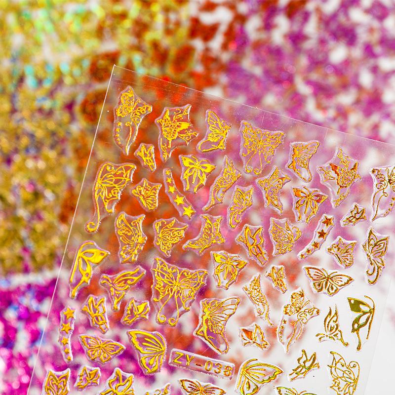 4Sheets Holographic 3D Butterfly Nail Art Stickers Adhesive Sliders Colorful DIY Golden Nail Transfer Decals Foils Wraps Decorations