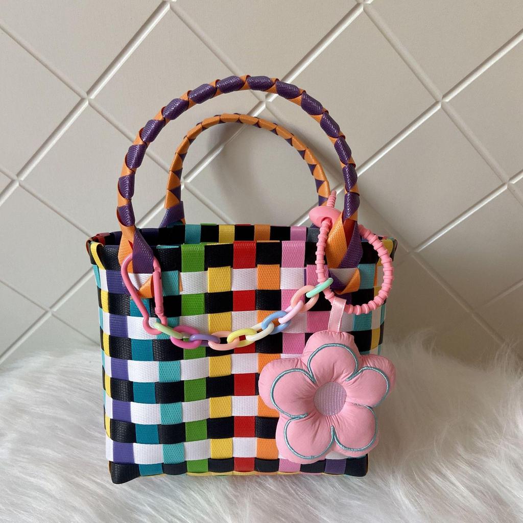 Γυναικεία Υφαντή Καλοκαιρινή Τσάντα Παραλίας: Απλή Πλαστική Τσάντα Χειρός, Μικρός Τετράγωνος Σχεδιασμός για Ψώνια και Παιδιά.