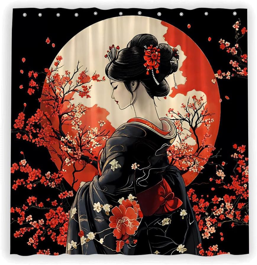 Japanese Geisha Shower Curtain Asian Red Cherry Blossoms Floral Full Moon Sun Oriental Woman Traditional Japan Girl Spring