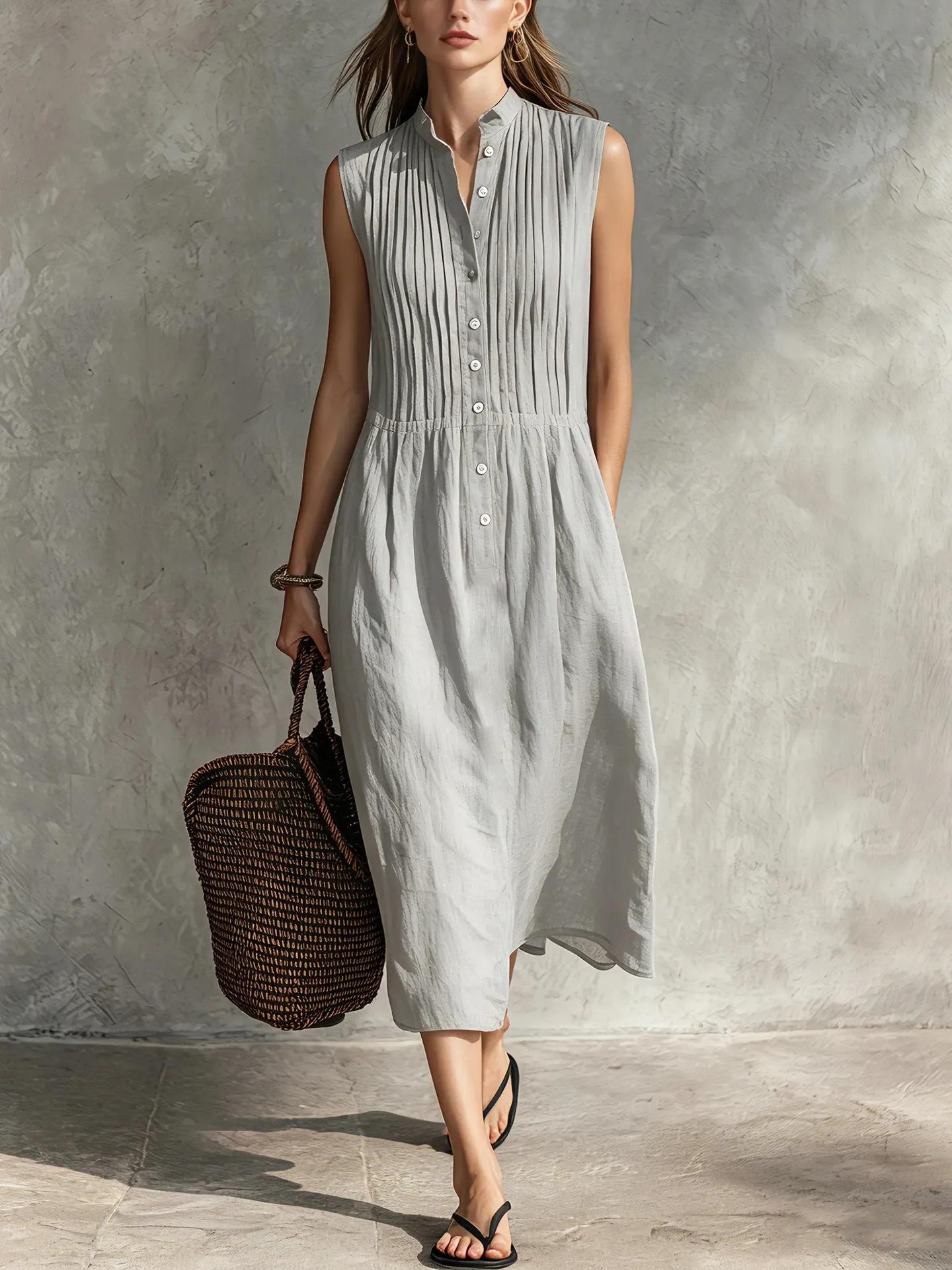 Women Button Up Sleeveless Midi Dress Casual Solid Color Summer Dress with Pockets S