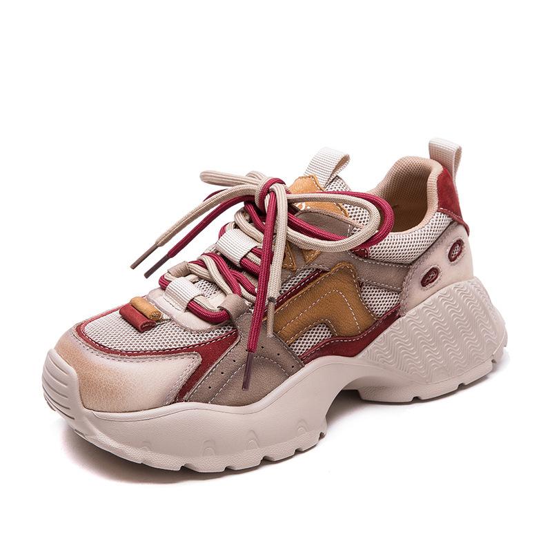 Fashion 4cm Air Mesh Genuine Leather Comfy Summer Hollow Ankle Boots Mixed Color Chunky Sneaker Women Vulcanize Fashion Shoes