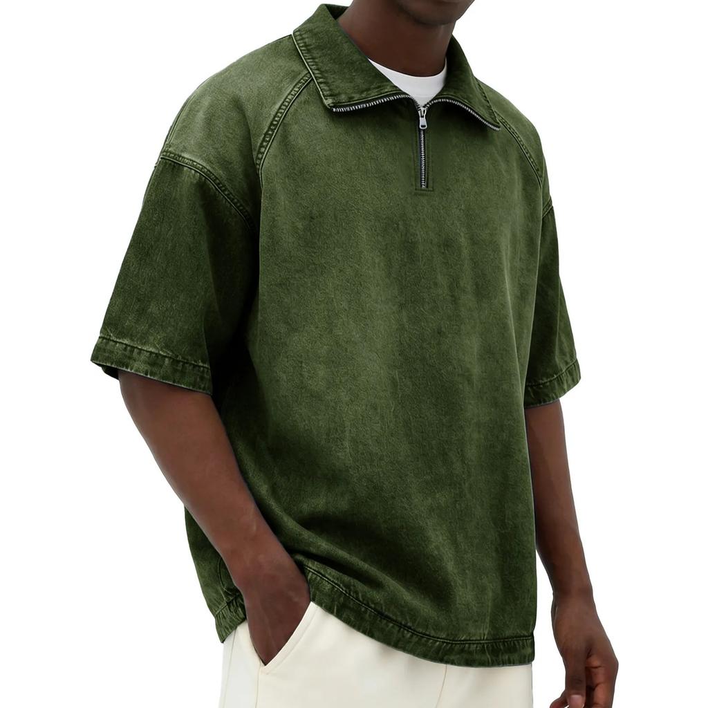 Men's Casual American- Denim-like Fabric Short-sleeved Shirt - Men's Retro Trendy Fitted Collar Zipper Jacket